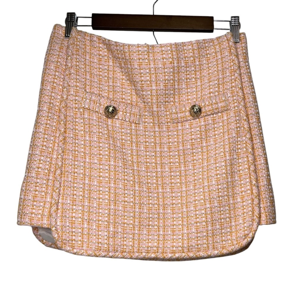 $325 New MAJE Sz S US/36 FR Skirt Tweed Mini Orange Pink Gold Button Front NWT